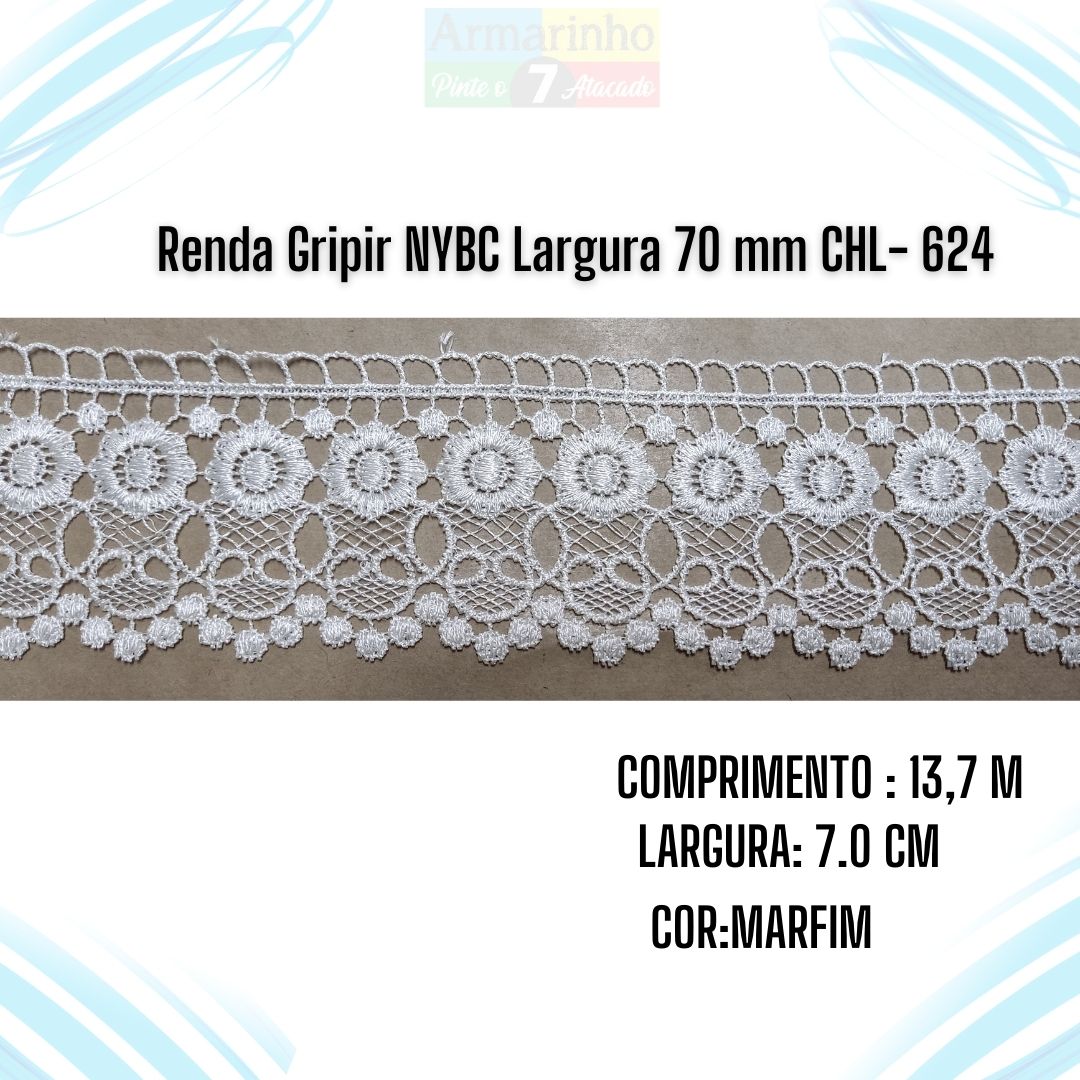 Renda Gripir NYBC Largura 70 mm Cor Marfim CHL 624- 1 Metro