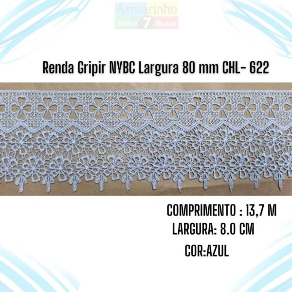 Renda Gripir NYBC Largura 80 mm Cor Azul CHL 622- 1 Metro