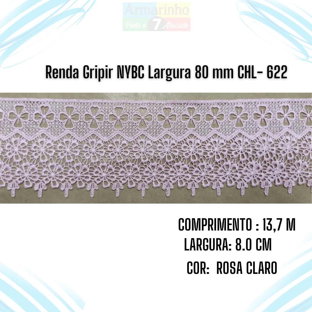 Renda Gripir NYBC Largura 80 mm Cor Rosa Claro CHL 622- 1 Metro