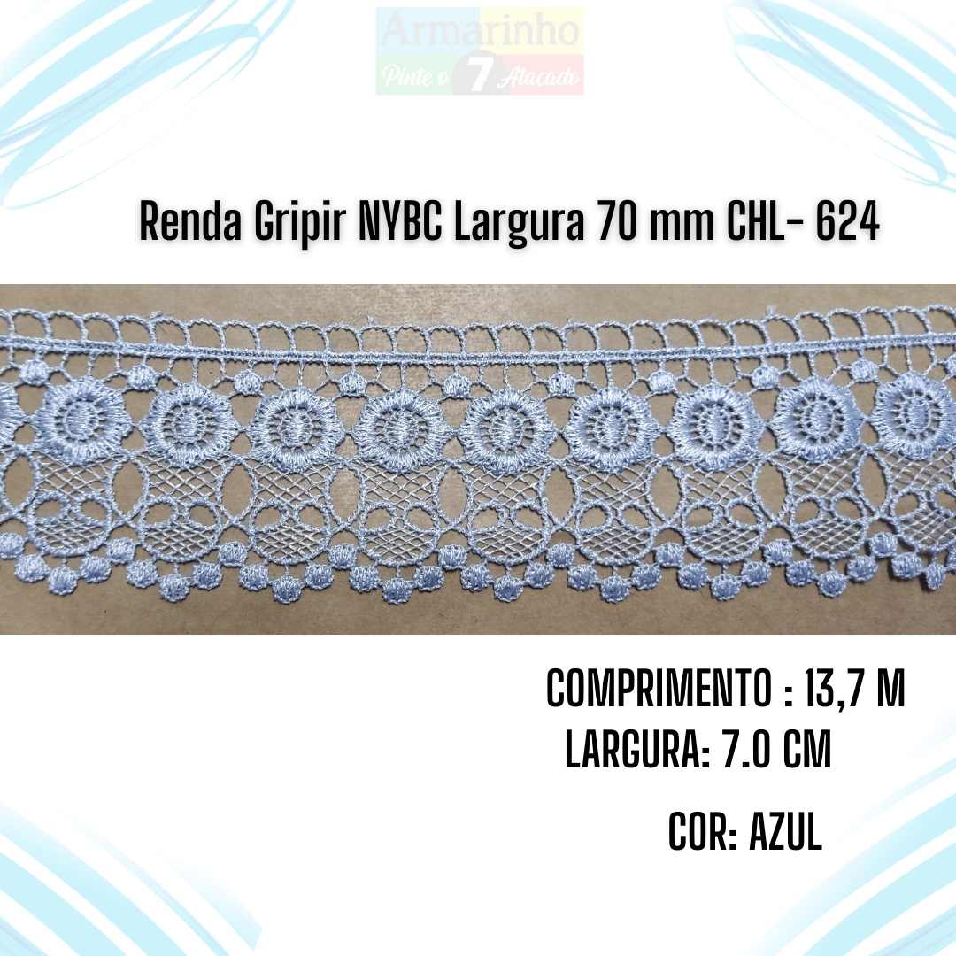Renda Gripir NYBC Largura 70 mm Cor Azul CHL 624- 1 Metro