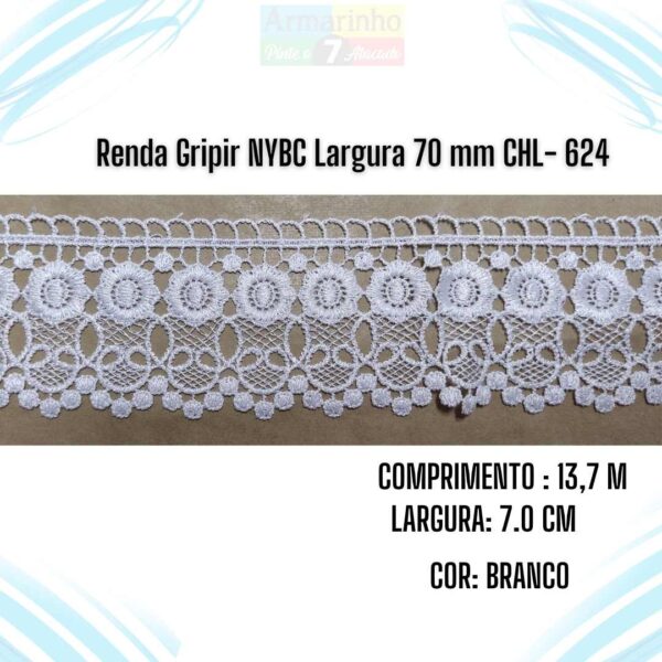 Renda Gripir NYBC Largura 70 mm Cor Branco CHL 624- 1 Metro