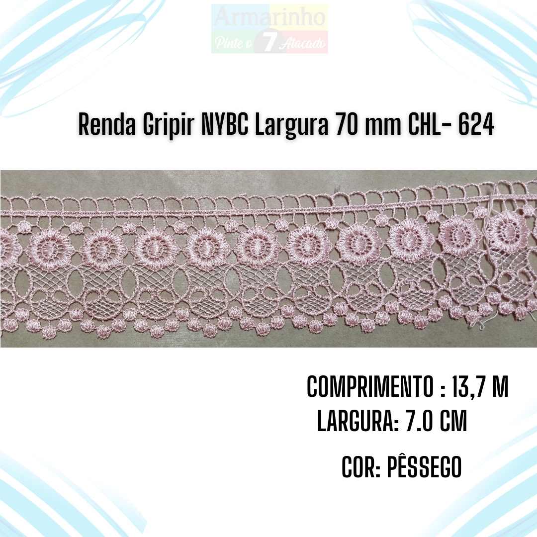 Renda Gripir NYBC Largura 70 mm Cor Pêssego CHL 624- 1 Metro