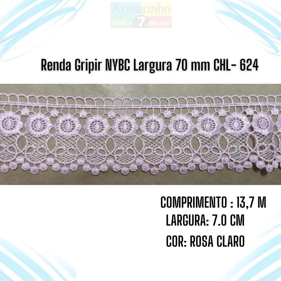 Renda Gripir NYBC Largura 70 mm Cor Rosa Claro CHL 438- 1 Metro
