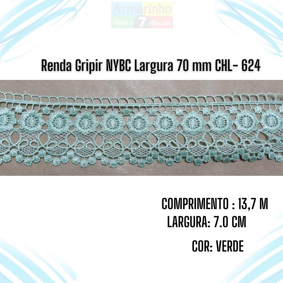 Renda Gripir NYBC Largura 70 mm Cor Verde CHL 624- 1 Metro