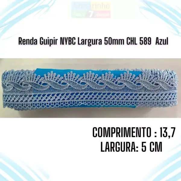 Renda Guipir NYBC Largura 50mm CHL133 cor azul –13,7 Metros