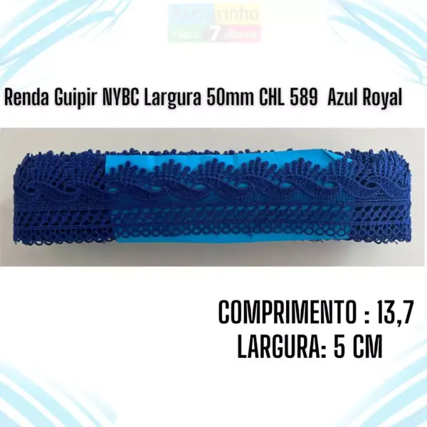 Renda Guipir NYBC Largura 50mm CHL133 cor azul Royal –13,7 Metros