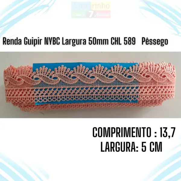 Renda Guipir NYBC Largura 50mm CHL133 cor Pêssego–13,7 Metros