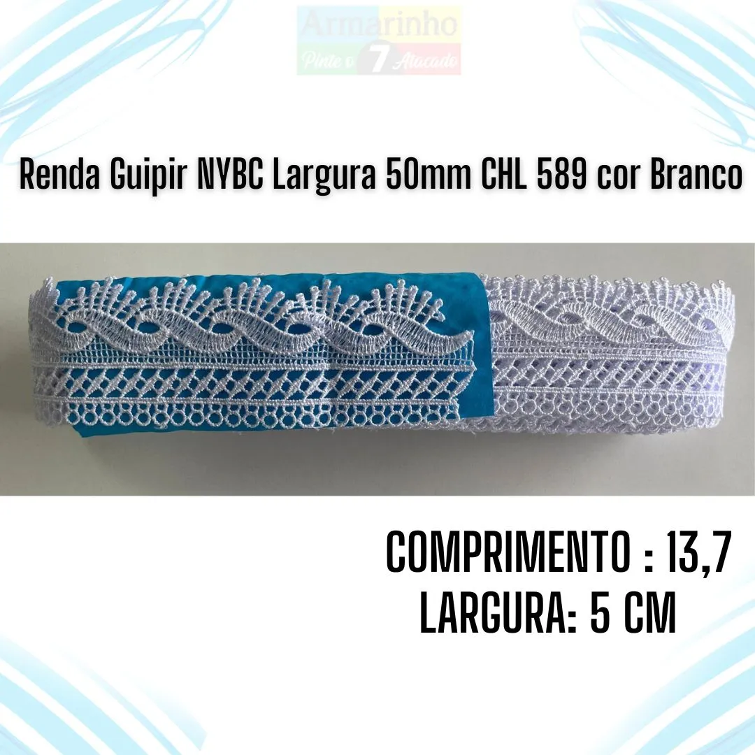 Renda Guipir NYBC Largura 50mm CHL133 cor Branco –13,7 Metros