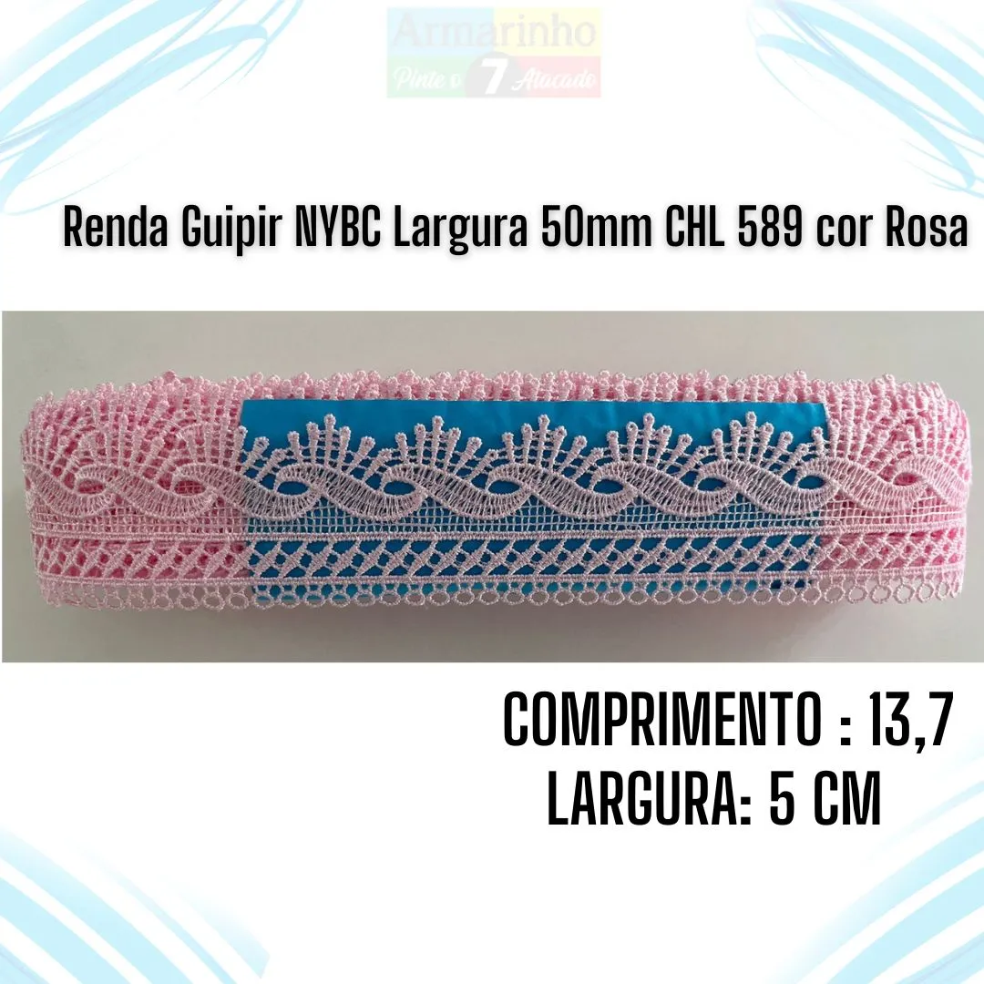Renda Guipir NYBC Largura 50mm CHL133 cor rosa–13,7 Metros