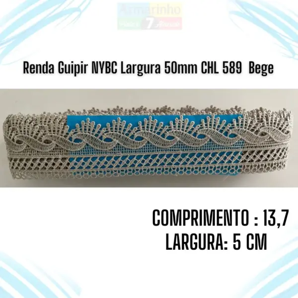 Renda Guipir NYBC Largura 50mm CHL133 cor Bege–13,7 Metros